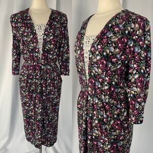 Vintage Midi Dress Size Medium Black Burgundy Floral Lace Cottage Garden 90s